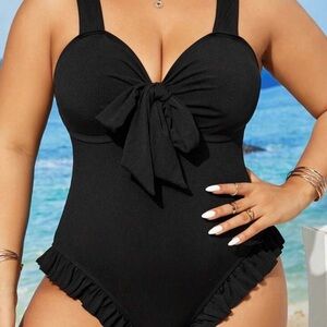 Black Ruffle Tie-Front One-Piece Swimsuit